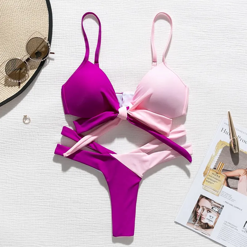 Brazilian Push up Bandage neon swimwear bathing suit High cut bikini swimsuit