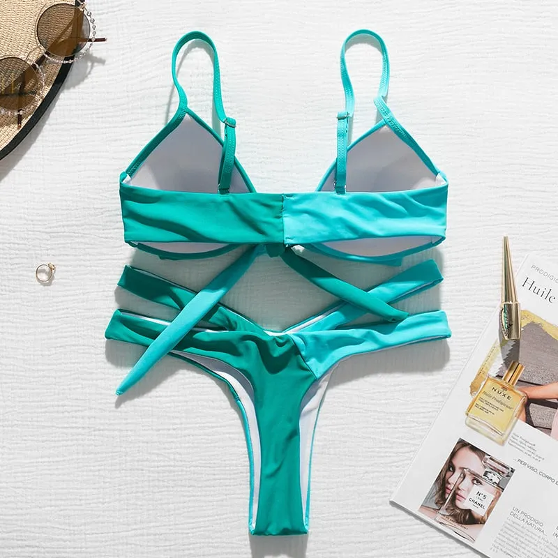 Brazilian Push up Bandage neon swimwear bathing suit High cut bikini swimsuit