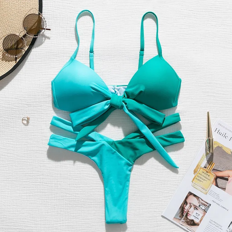 Brazilian Push up Bandage neon swimwear bathing suit High cut bikini swimsuit
