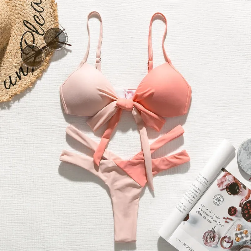 Brazilian Push up Bandage neon swimwear bathing suit High cut bikini swimsuit