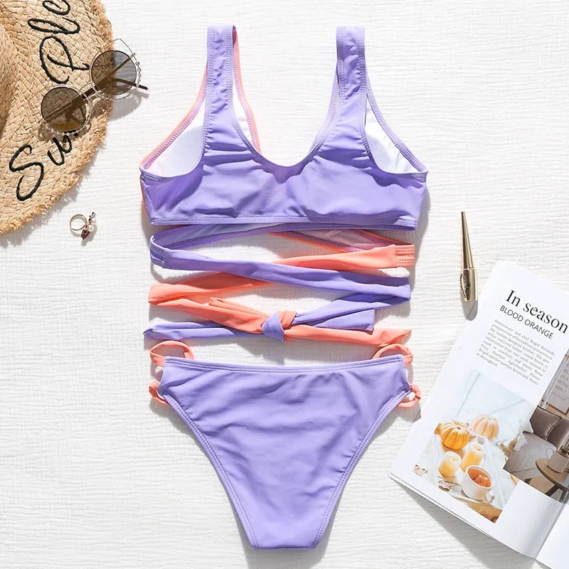 Brazilian Push up Bandage neon swimwear bathing suit High cut bikini swimsuit