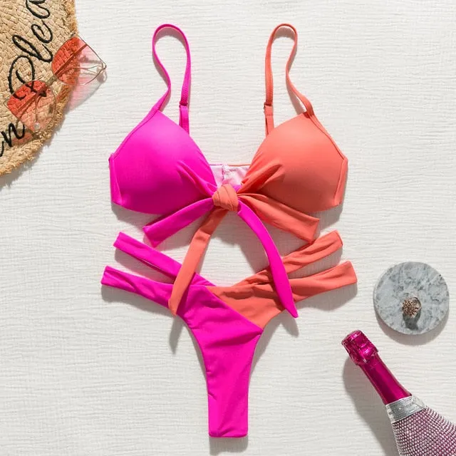 Brazilian Push up Bandage neon swimwear bathing suit High cut bikini swimsuit