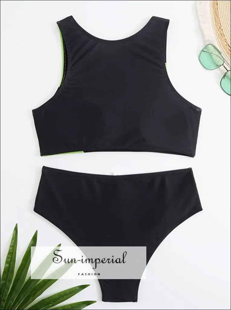 Color Block High Waist Bikini Set With High Neck Top