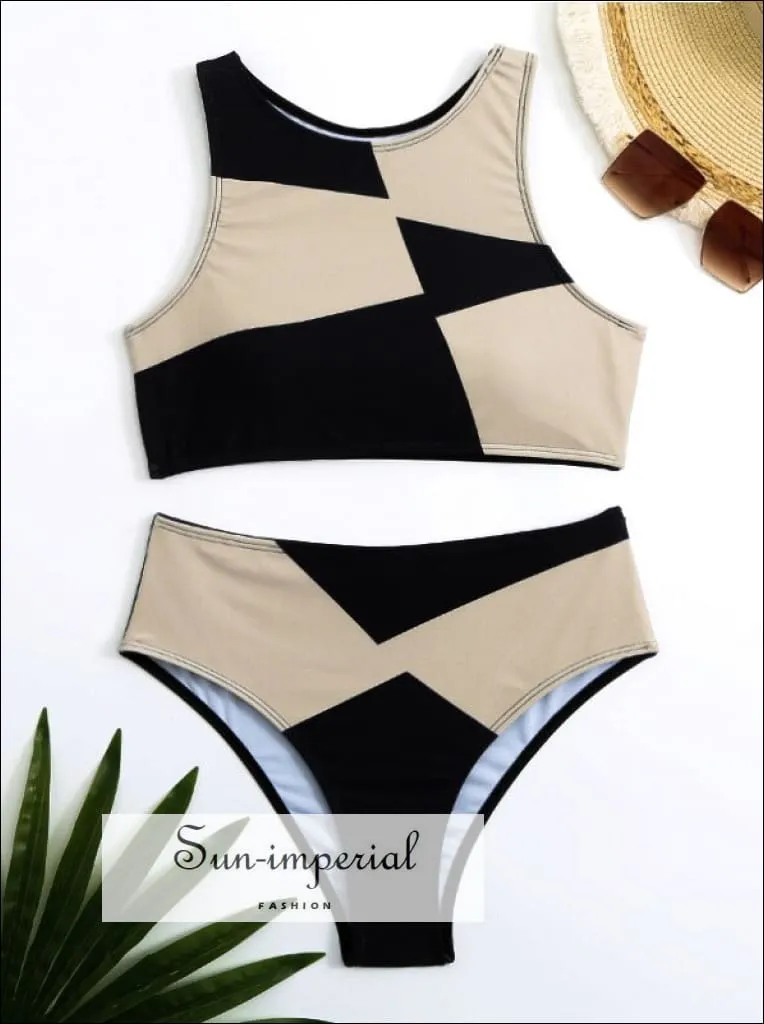 Color Block High Waist Bikini Set With High Neck Top