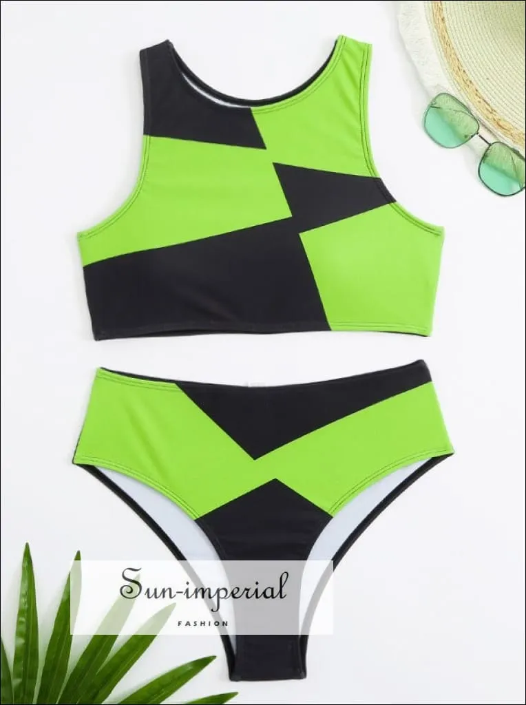 Color Block High Waist Bikini Set With High Neck Top