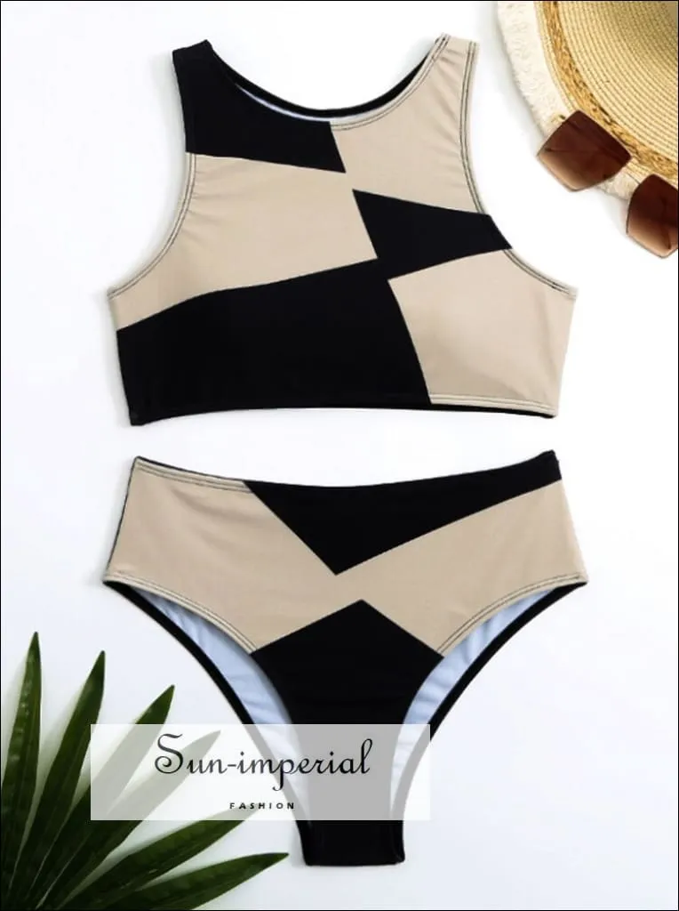 Color Block High Waist Bikini Set With High Neck Top