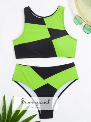 Color Block High Waist Bikini Set With High Neck Top
