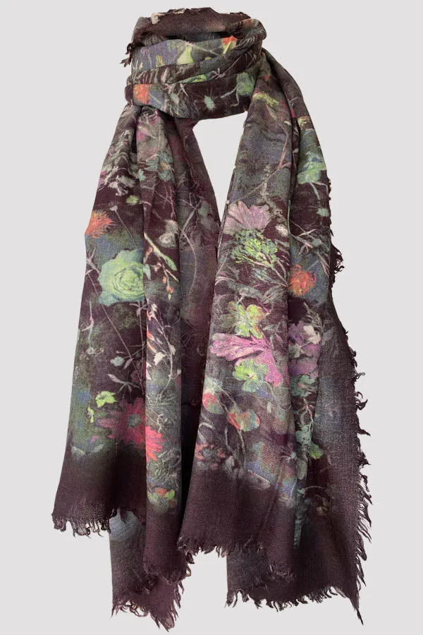 Damask Rose Grey Brown Wool Silk Scarf