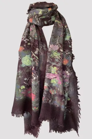 Damask Rose Grey Brown Wool Silk Scarf