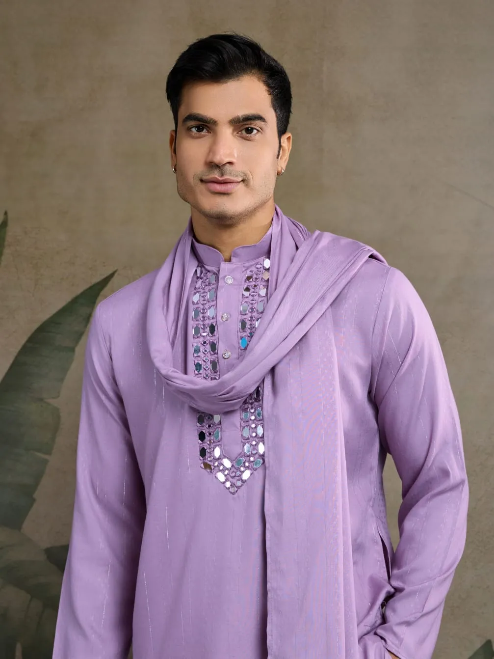 Dusty Pink Viscose Silk Heavy Thread With Real Mirror Work Kurta Pajama