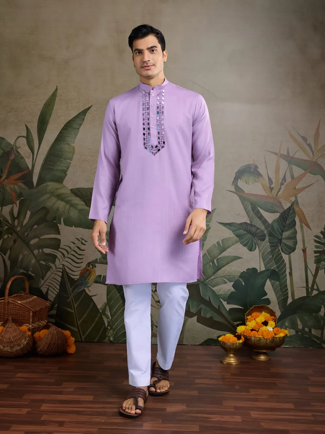 Dusty Pink Viscose Silk Heavy Thread With Real Mirror Work Kurta Pajama