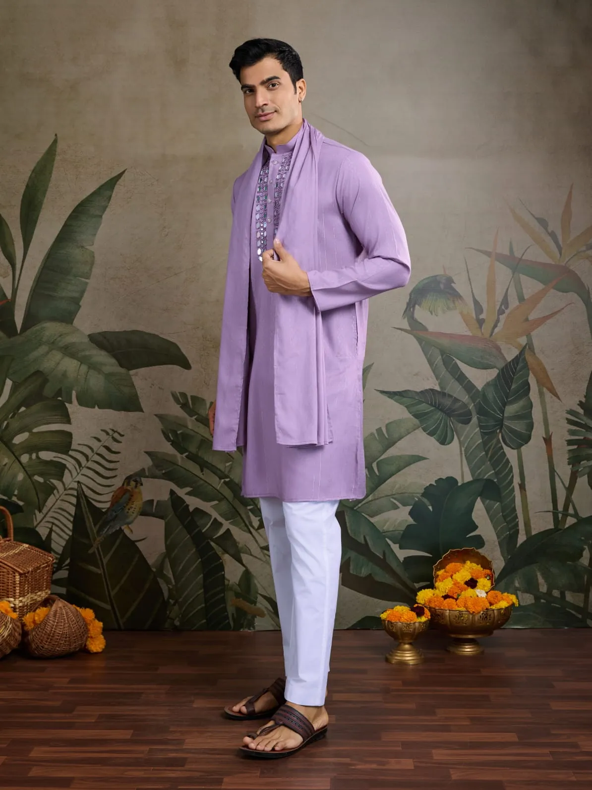 Dusty Pink Viscose Silk Heavy Thread With Real Mirror Work Kurta Pajama
