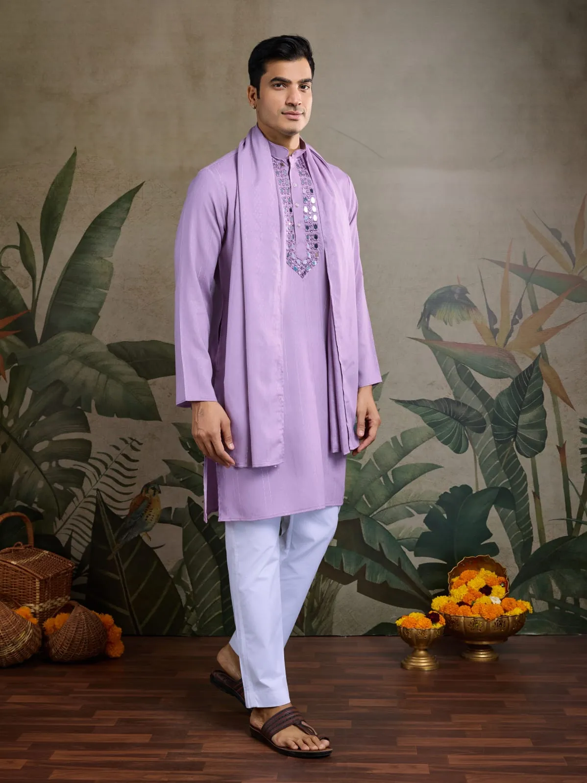 Dusty Pink Viscose Silk Heavy Thread With Real Mirror Work Kurta Pajama