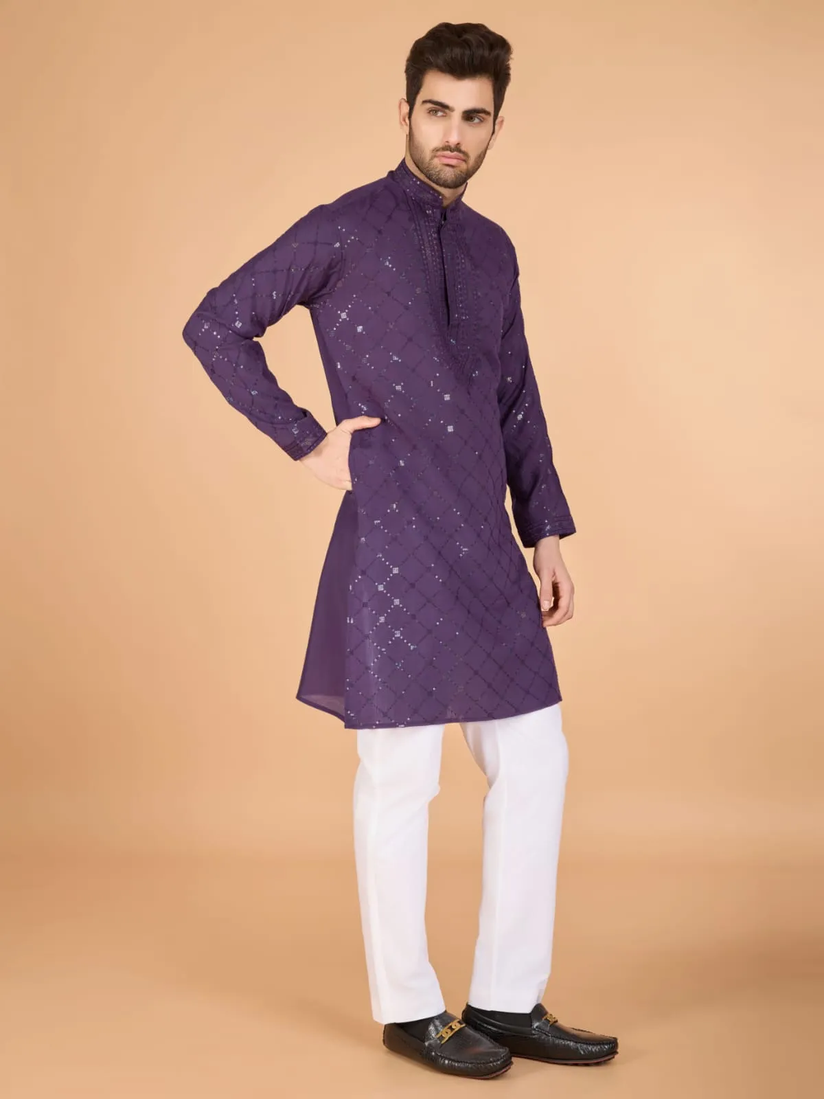 Dusty Purple Colour Viscose Silk Heavy Thread Work Kurta Payjama