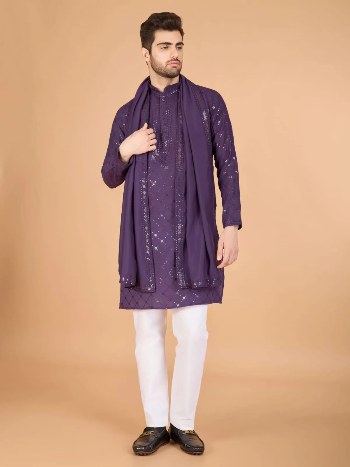 Dusty Purple Colour Viscose Silk Heavy Thread Work Kurta Payjama