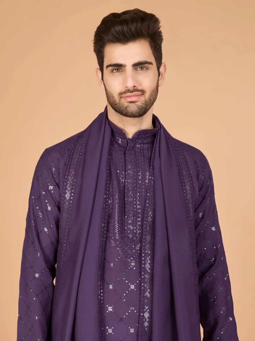 Dusty Purple Colour Viscose Silk Heavy Thread Work Kurta Payjama