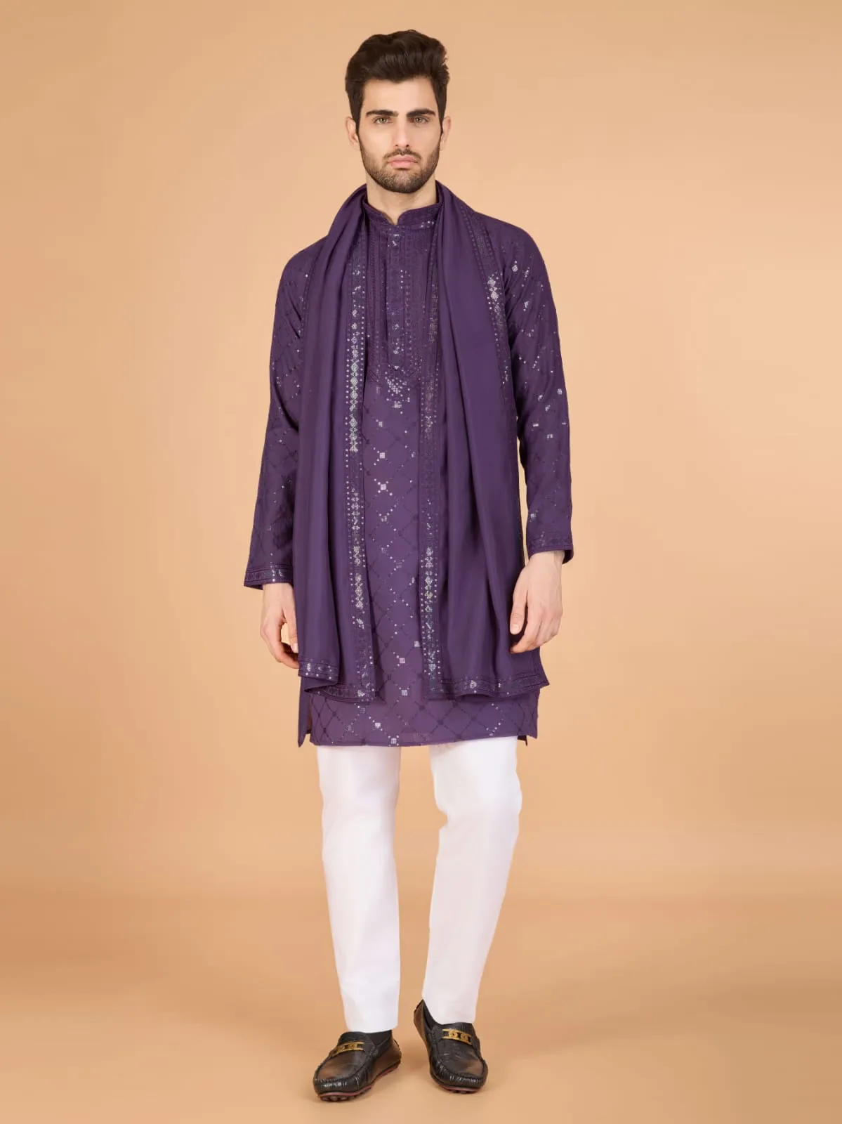 Dusty Purple Colour Viscose Silk Heavy Thread Work Kurta Payjama