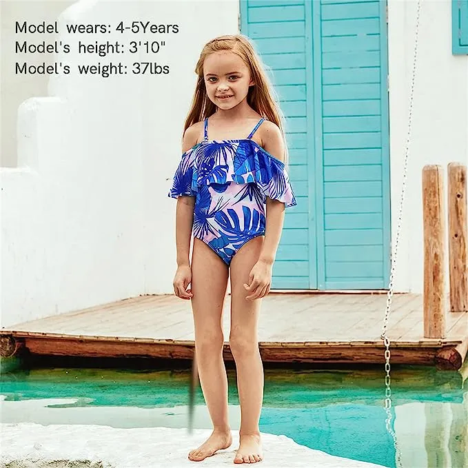 Family Matching Swimsuit Blue Floral Leaf Swim Trunks Off Shoulder One Piece Swimsuit