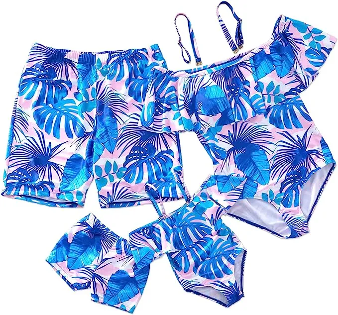 Family Matching Swimsuit Blue Floral Leaf Swim Trunks Off Shoulder One Piece Swimsuit