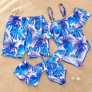 Family Matching Swimsuit Blue Floral Leaf Swim Trunks Off Shoulder One Piece Swimsuit