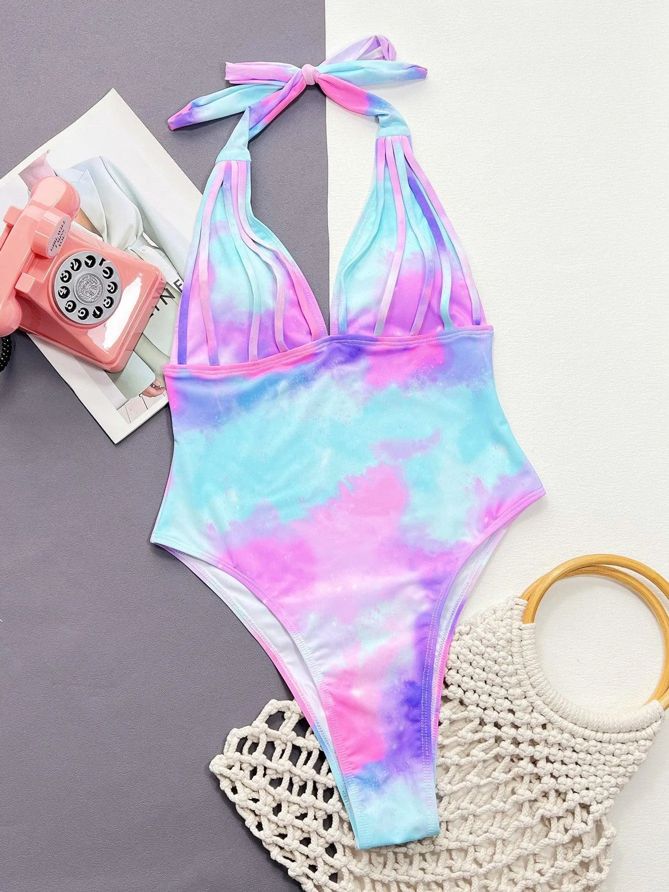 GFIT Women's Fluorescent Tie-Dye One-Piece Swimsuit - Sexy High-Cut Beachwear