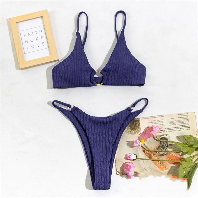 High Cut Rib Swimwear Solid Beachwear Bathing Suits Rings Bikini Sets Hollow Out Swimsuit