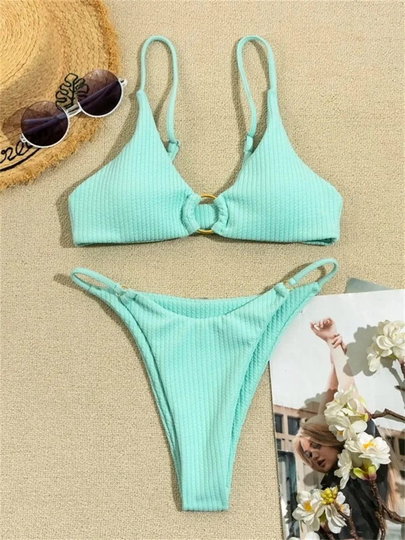 High Cut Rib Swimwear Solid Beachwear Bathing Suits Rings Bikini Sets Hollow Out Swimsuit