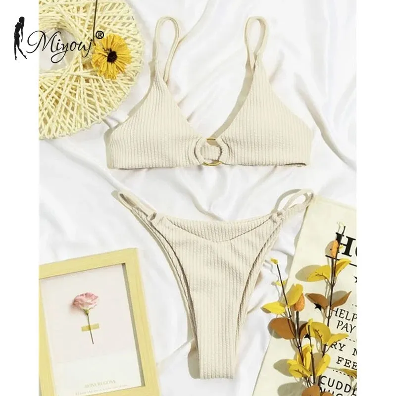 High Cut Rib Swimwear Solid Beachwear Bathing Suits Rings Bikini Sets Hollow Out Swimsuit