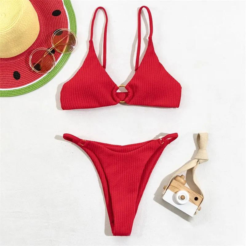 High Cut Rib Swimwear Solid Beachwear Bathing Suits Rings Bikini Sets Hollow Out Swimsuit