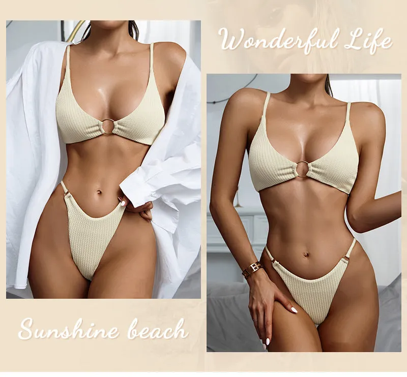 High Cut Rib Swimwear Solid Beachwear Bathing Suits Rings Bikini Sets Hollow Out Swimsuit