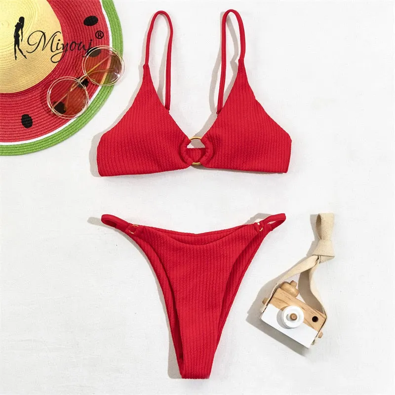 High Cut Rib Swimwear Solid Beachwear Bathing Suits Rings Bikini Sets Hollow Out Swimsuit