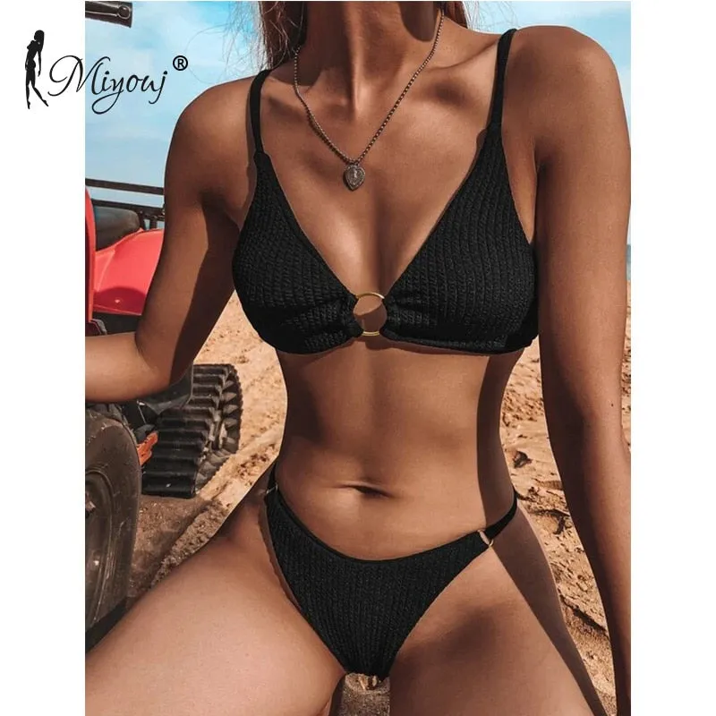 High Cut Rib Swimwear Solid Beachwear Bathing Suits Rings Bikini Sets Hollow Out Swimsuit