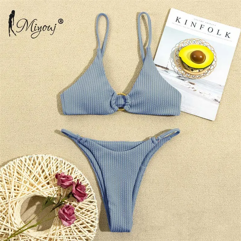 High Cut Rib Swimwear Solid Beachwear Bathing Suits Rings Bikini Sets Hollow Out Swimsuit