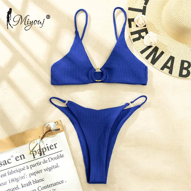High Cut Rib Swimwear Solid Beachwear Bathing Suits Rings Bikini Sets Hollow Out Swimsuit