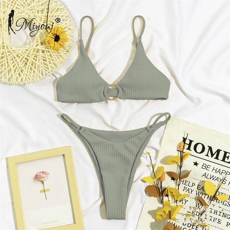 High Cut Rib Swimwear Solid Beachwear Bathing Suits Rings Bikini Sets Hollow Out Swimsuit