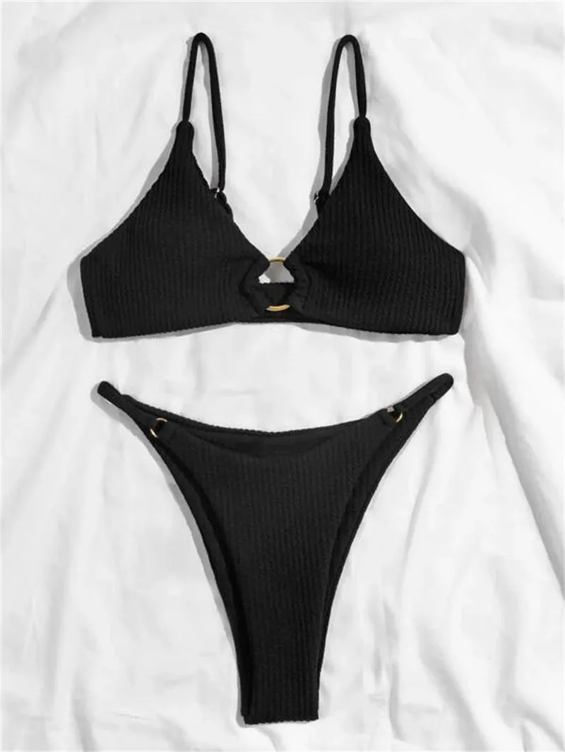 High Cut Rib Swimwear Solid Beachwear Bathing Suits Rings Bikini Sets Hollow Out Swimsuit