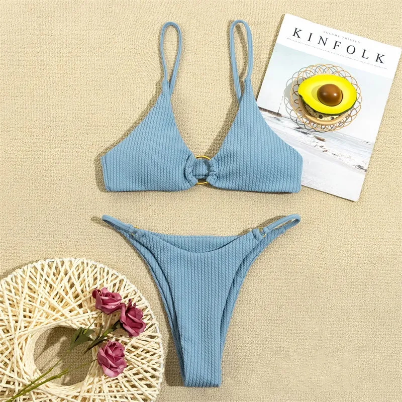 High Cut Rib Swimwear Solid Beachwear Bathing Suits Rings Bikini Sets Hollow Out Swimsuit