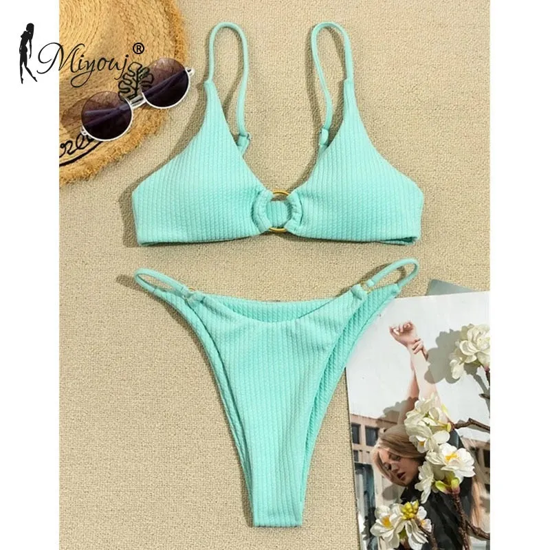 High Cut Rib Swimwear Solid Beachwear Bathing Suits Rings Bikini Sets Hollow Out Swimsuit