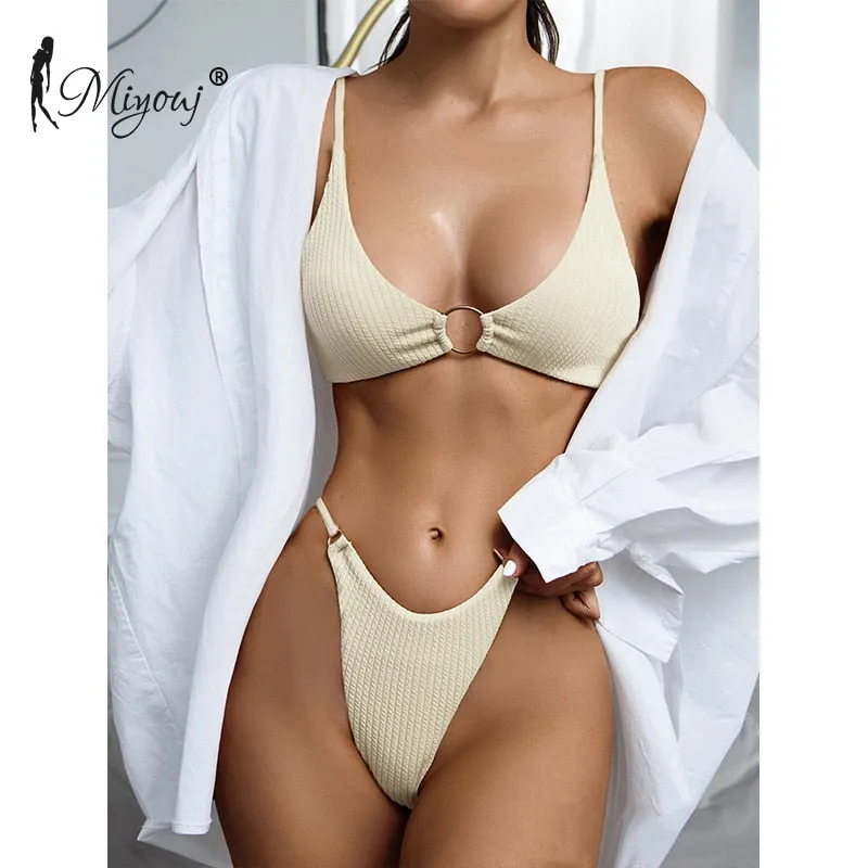 High Cut Rib Swimwear Solid Beachwear Bathing Suits Rings Bikini Sets Hollow Out Swimsuit