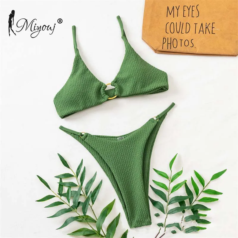 High Cut Rib Swimwear Solid Beachwear Bathing Suits Rings Bikini Sets Hollow Out Swimsuit