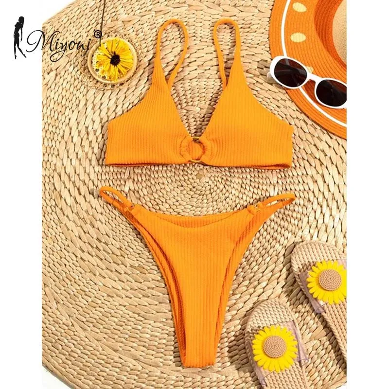 High Cut Rib Swimwear Solid Beachwear Bathing Suits Rings Bikini Sets Hollow Out Swimsuit
