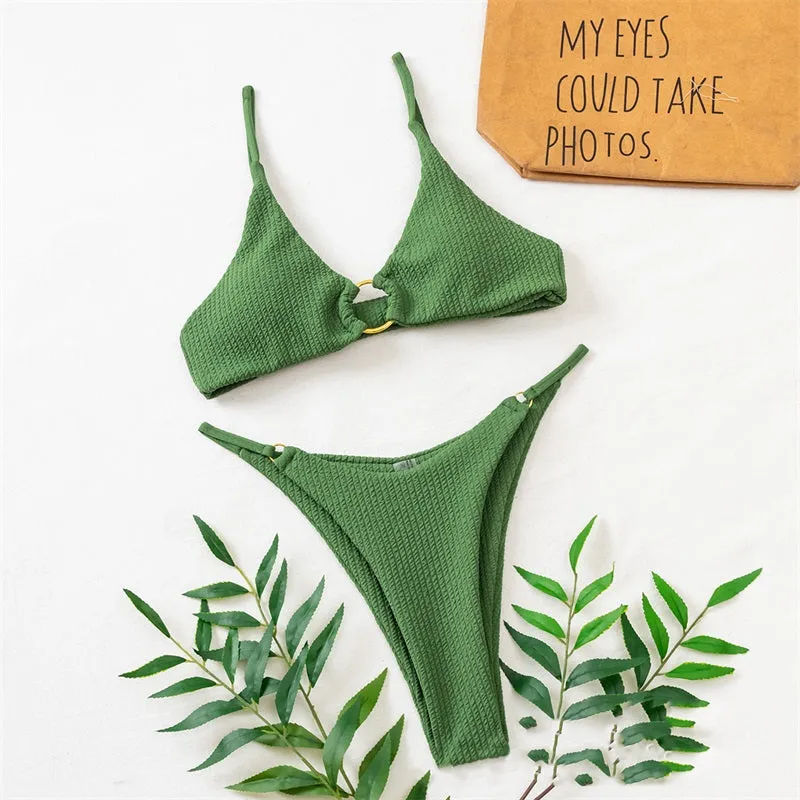 High Cut Rib Swimwear Solid Beachwear Bathing Suits Rings Bikini Sets Hollow Out Swimsuit