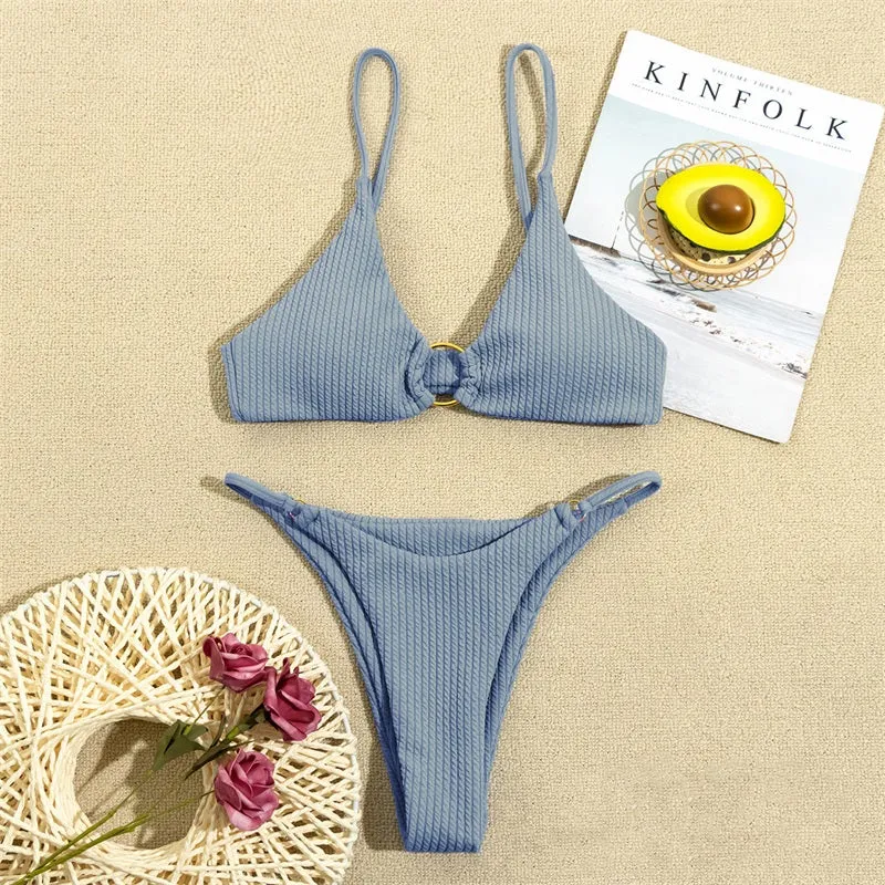 High Cut Rib Swimwear Solid Beachwear Bathing Suits Rings Bikini Sets Hollow Out Swimsuit