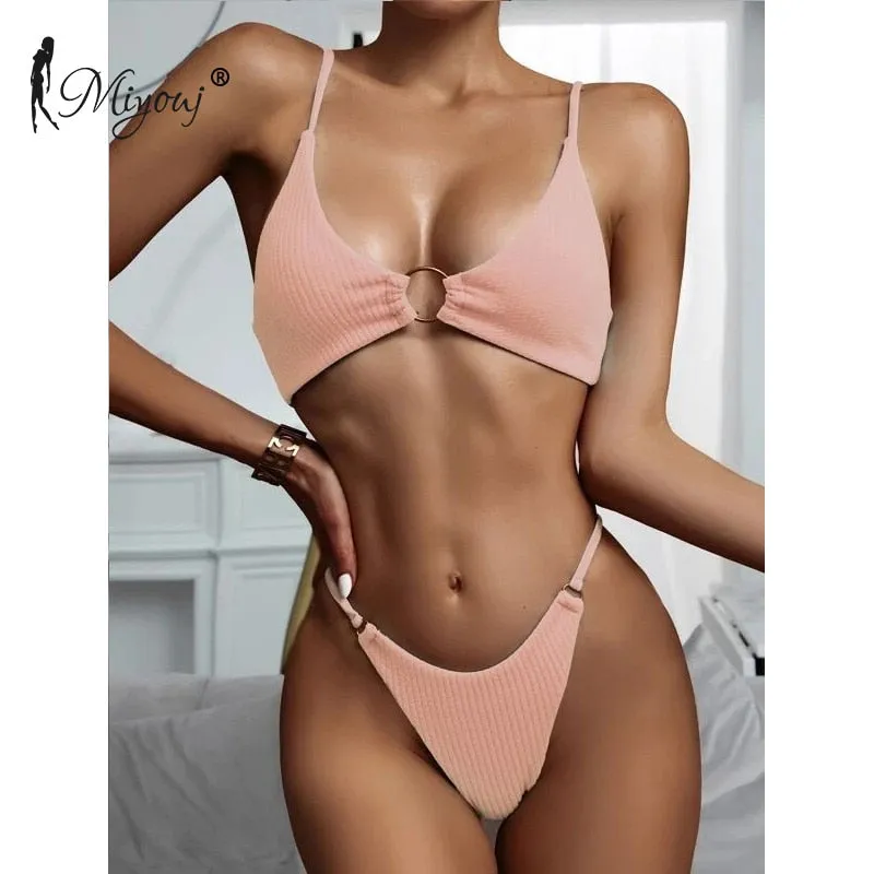 High Cut Rib Swimwear Solid Beachwear Bathing Suits Rings Bikini Sets Hollow Out Swimsuit