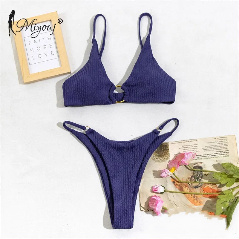 High Cut Rib Swimwear Solid Beachwear Bathing Suits Rings Bikini Sets Hollow Out Swimsuit