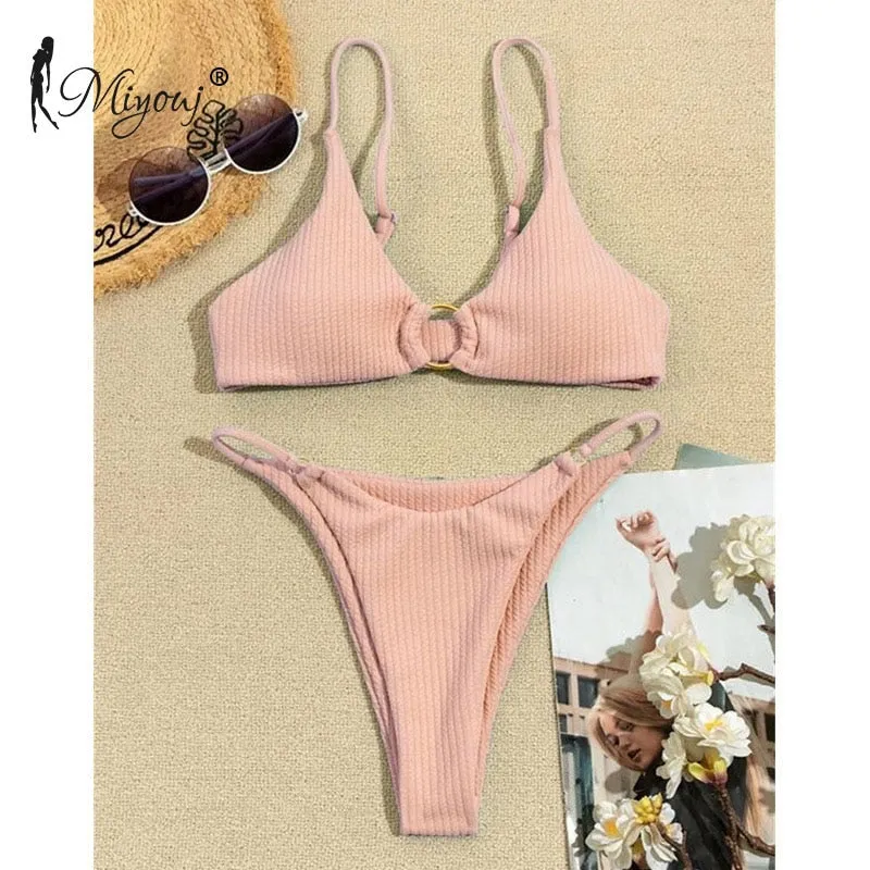 High Cut Rib Swimwear Solid Beachwear Bathing Suits Rings Bikini Sets Hollow Out Swimsuit
