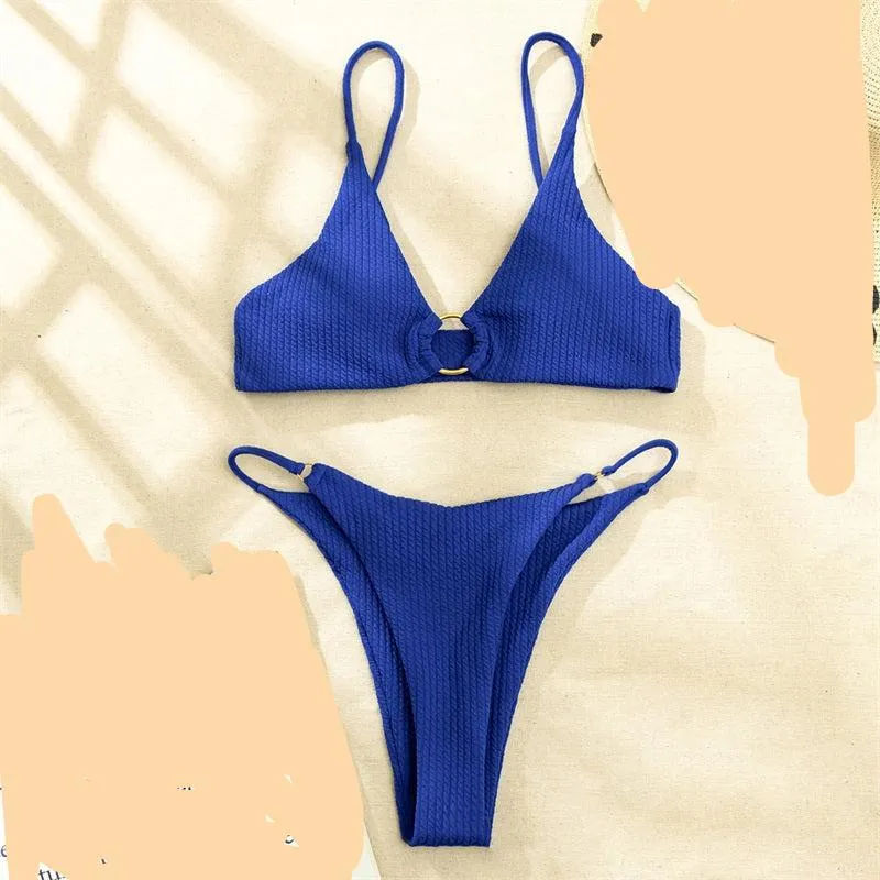 High Cut Rib Swimwear Solid Beachwear Bathing Suits Rings Bikini Sets Hollow Out Swimsuit