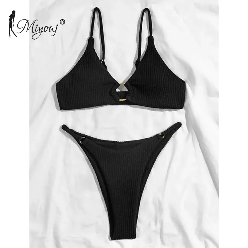 High Cut Rib Swimwear Solid Beachwear Bathing Suits Rings Bikini Sets Hollow Out Swimsuit