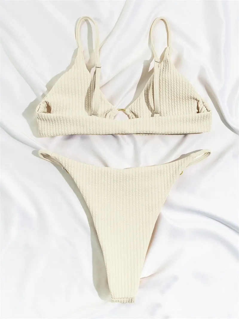 High Cut Rib Swimwear Solid Beachwear Bathing Suits Rings Bikini Sets Hollow Out Swimsuit