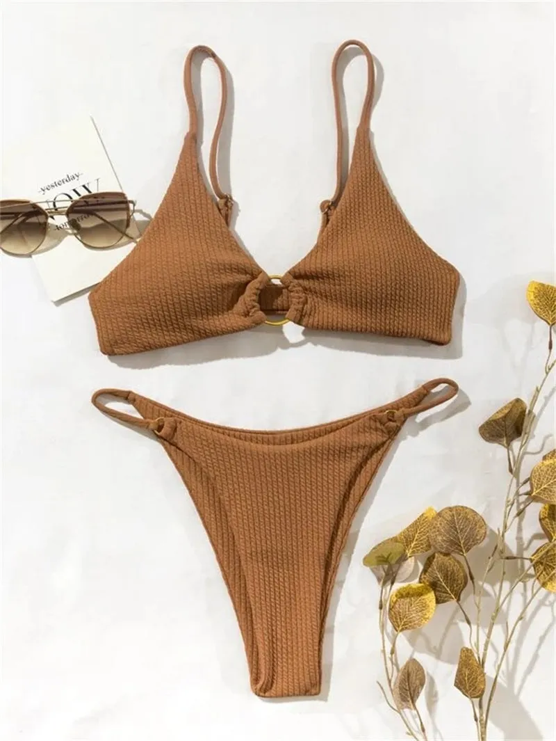 High Cut Rib Swimwear Solid Beachwear Bathing Suits Rings Bikini Sets Hollow Out Swimsuit